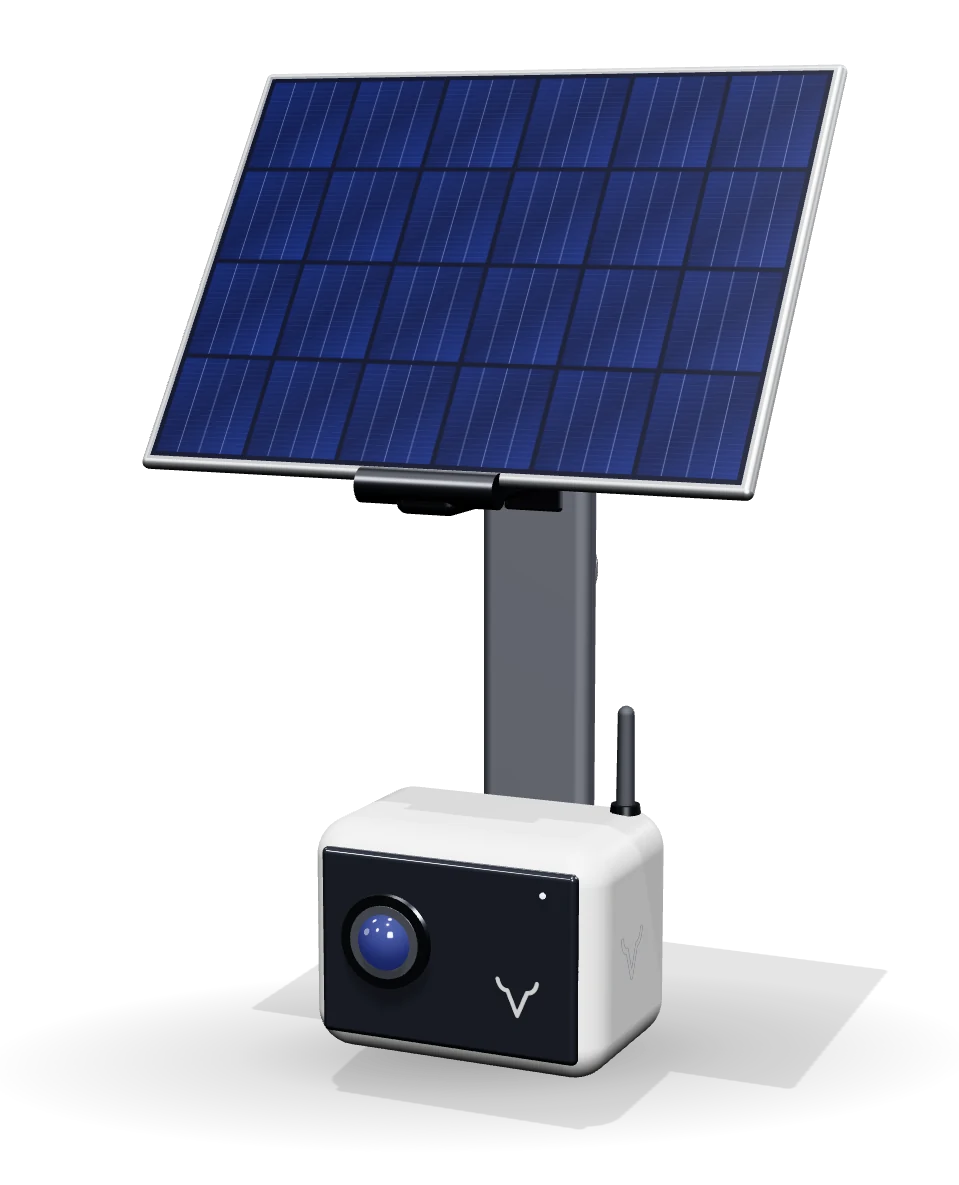 Concept render of Vitals Solo: a white camera unit with a dark glass front, hanging below a solar panel